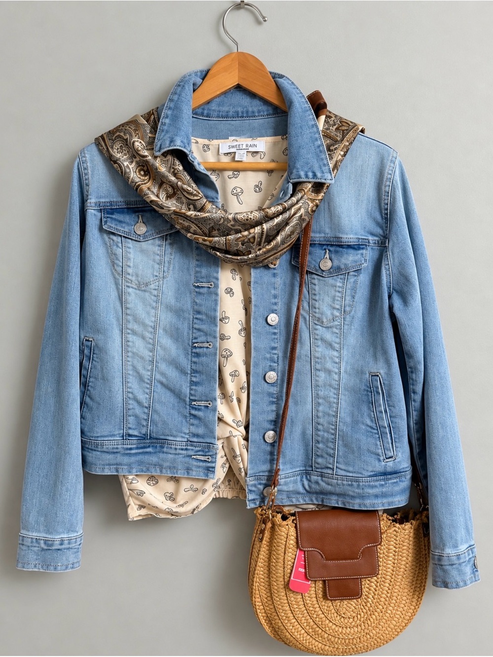 Nine West | Denim Jacket | Sweet Rain Top | Natural Purse & Coordinating Scarf